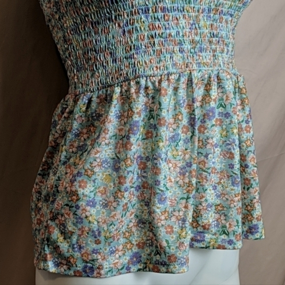 Almost Famous Smocked Blue Green and Orange Floral Print Top Size Medium - Picture 5 of 11